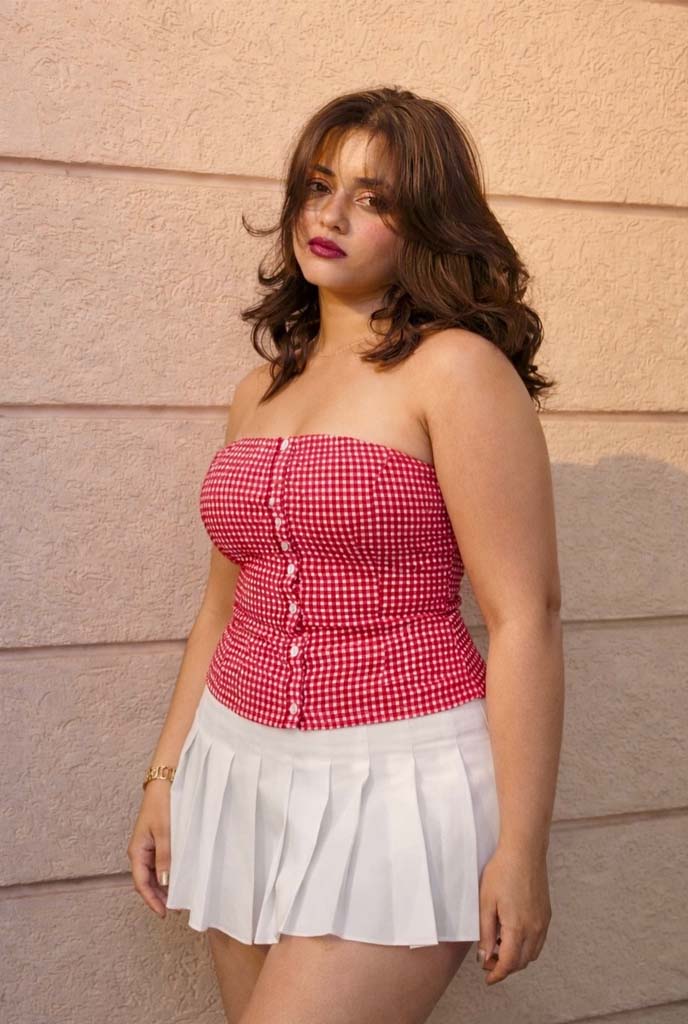 Rishika Model Escort wearing red gingham strapless top and white skirt in Siliguri