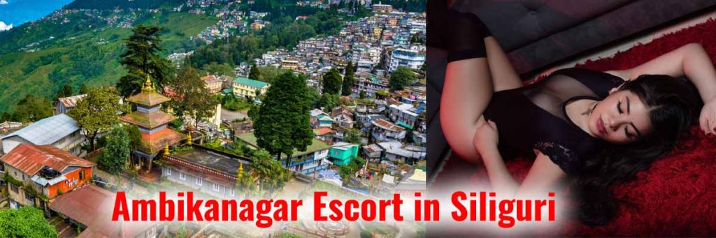 Ambikanagar Escort in Siliguri premium VIP call girl service banner with local city view and high-profile escort model
